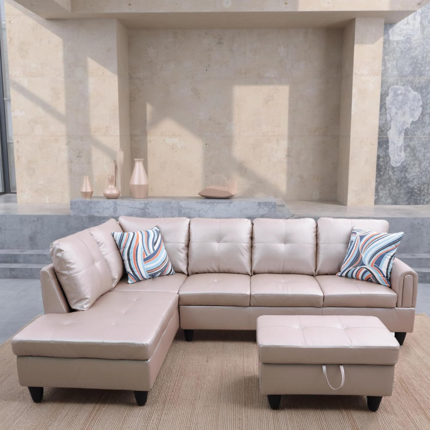 L Shaped Couch Sectional Couches with Chaise and Storage Ottoman, 3 Pieces Modul