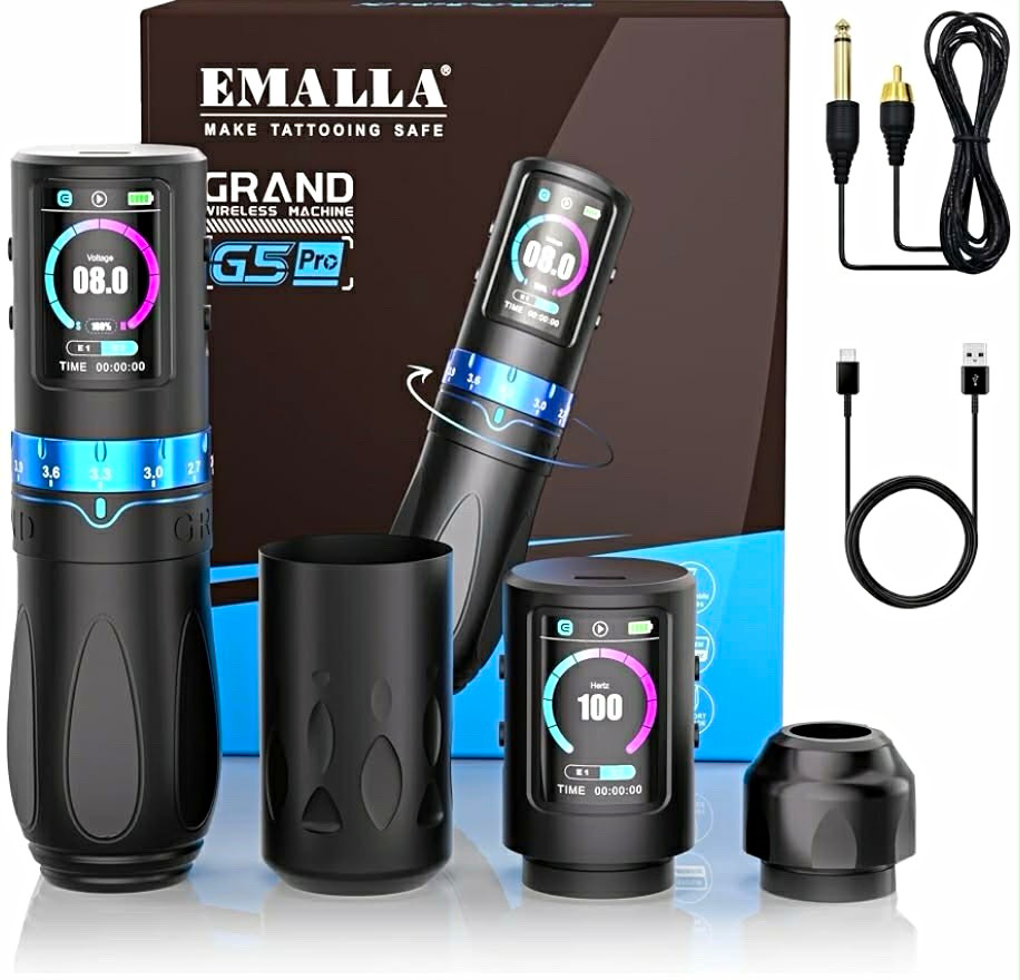 EMALLA Grand G5 Pro Wireless Tattoo Pen, LED Screen, Brushless, 2 Batteries