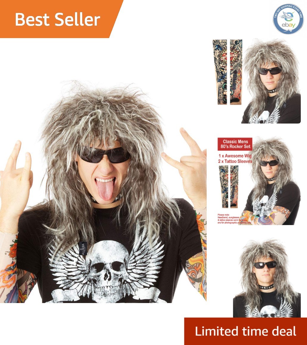80s Glam Rocker Wig Set with Tattoo Sleeves - Heat Resistant Costume Accessory