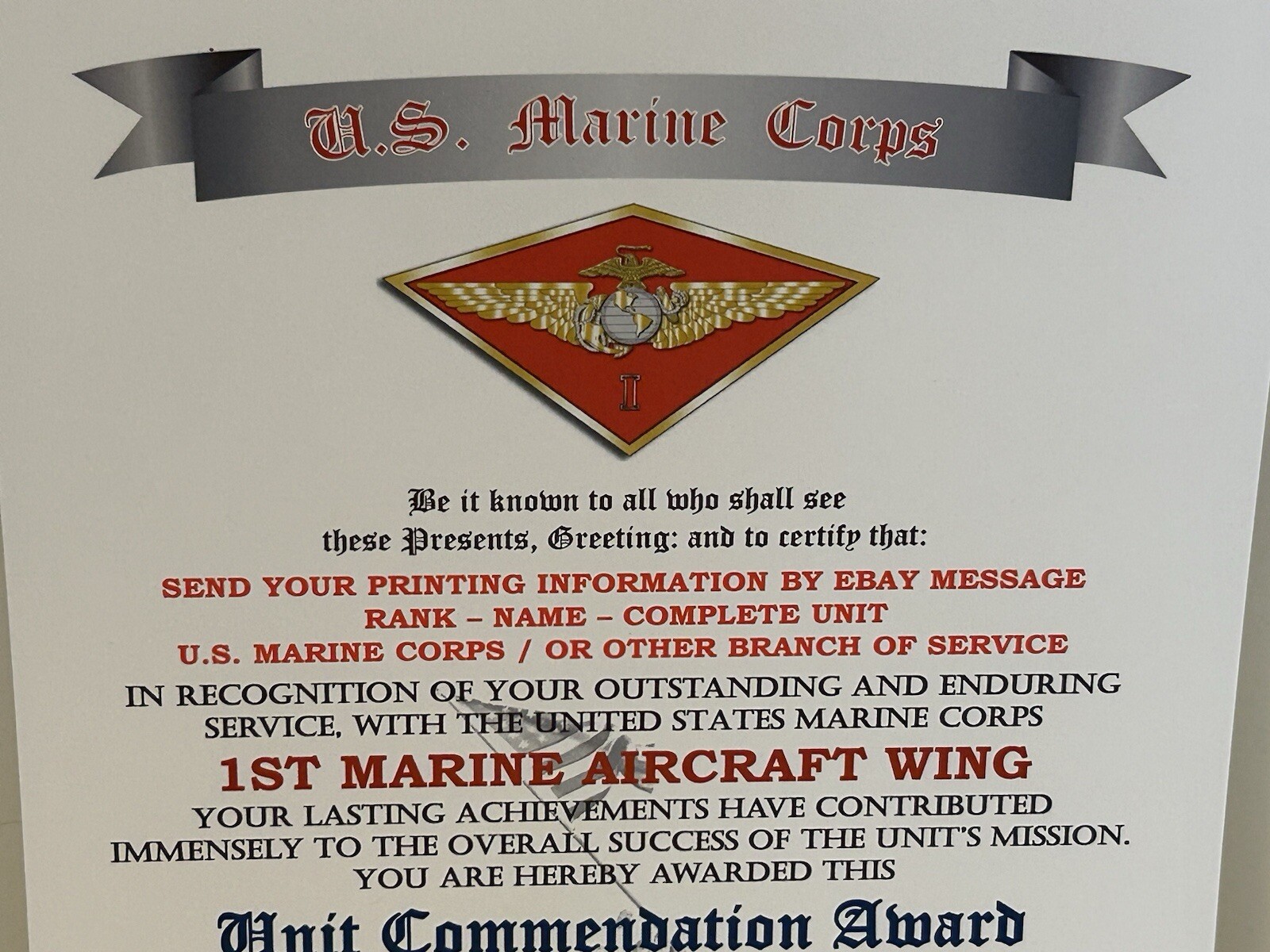 U.S.M.C. / 1ST MARINE AIRCRAFT WING - UNIT COMMENDATION AWARD CERTIFICATE