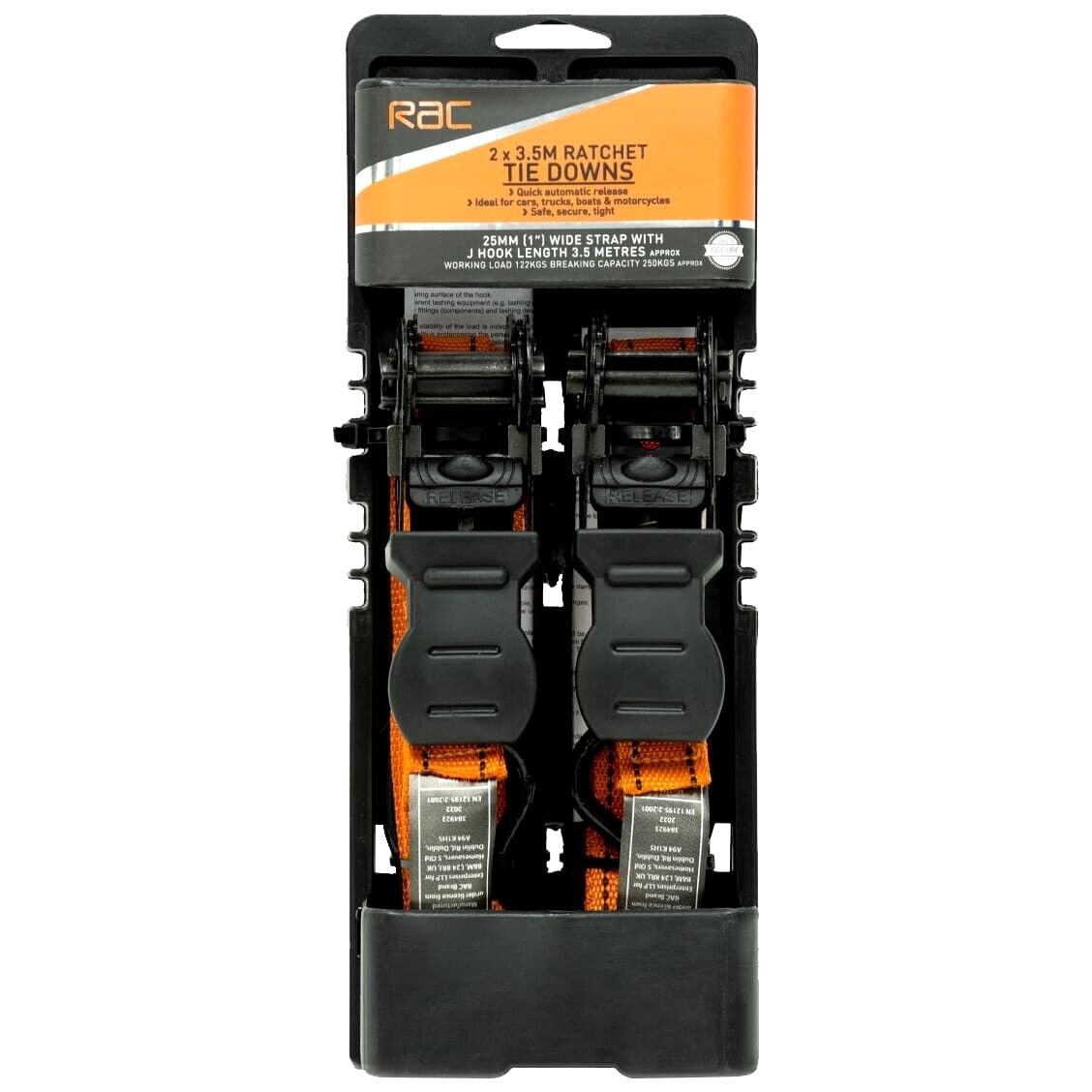 RAC Ratchet 2PK Tie Downs Extremely Safe 25mm wide strap J Hook 122kg - 3.5m