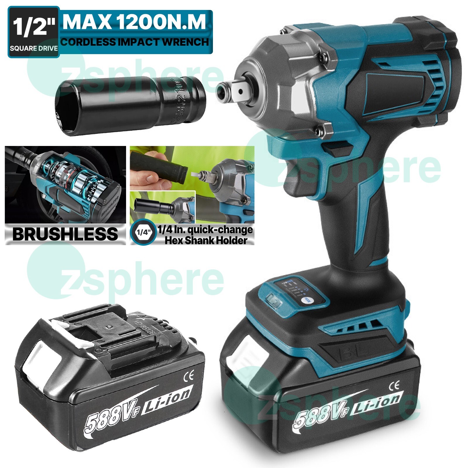 1200Nm Cordless Impact Wrench 1/2'' Brushless High Power Drill Driver 2 Battery