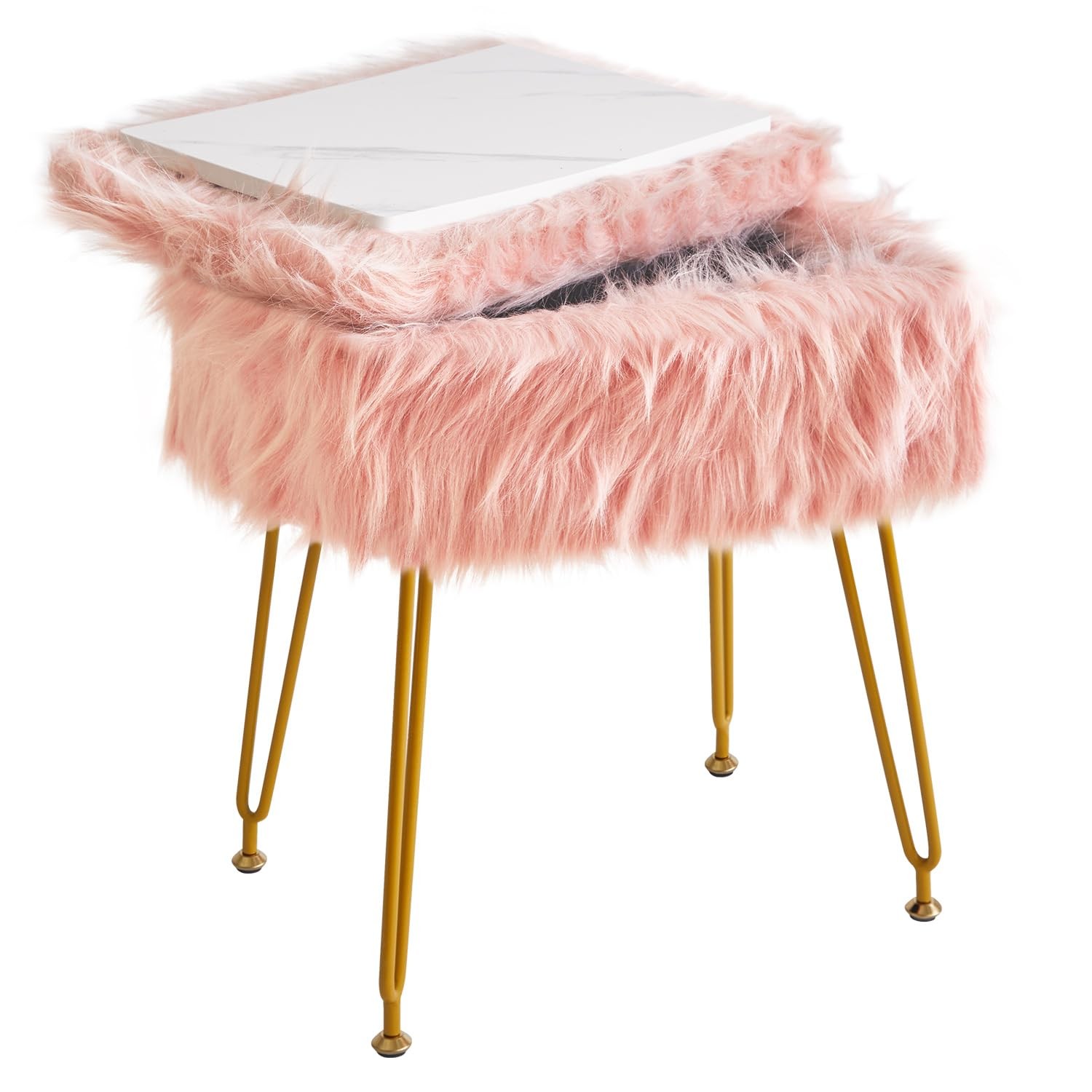 Rectangular Faux Fur Vanity Stool with Storage, Furry Makeup Chair Ottoman, S...