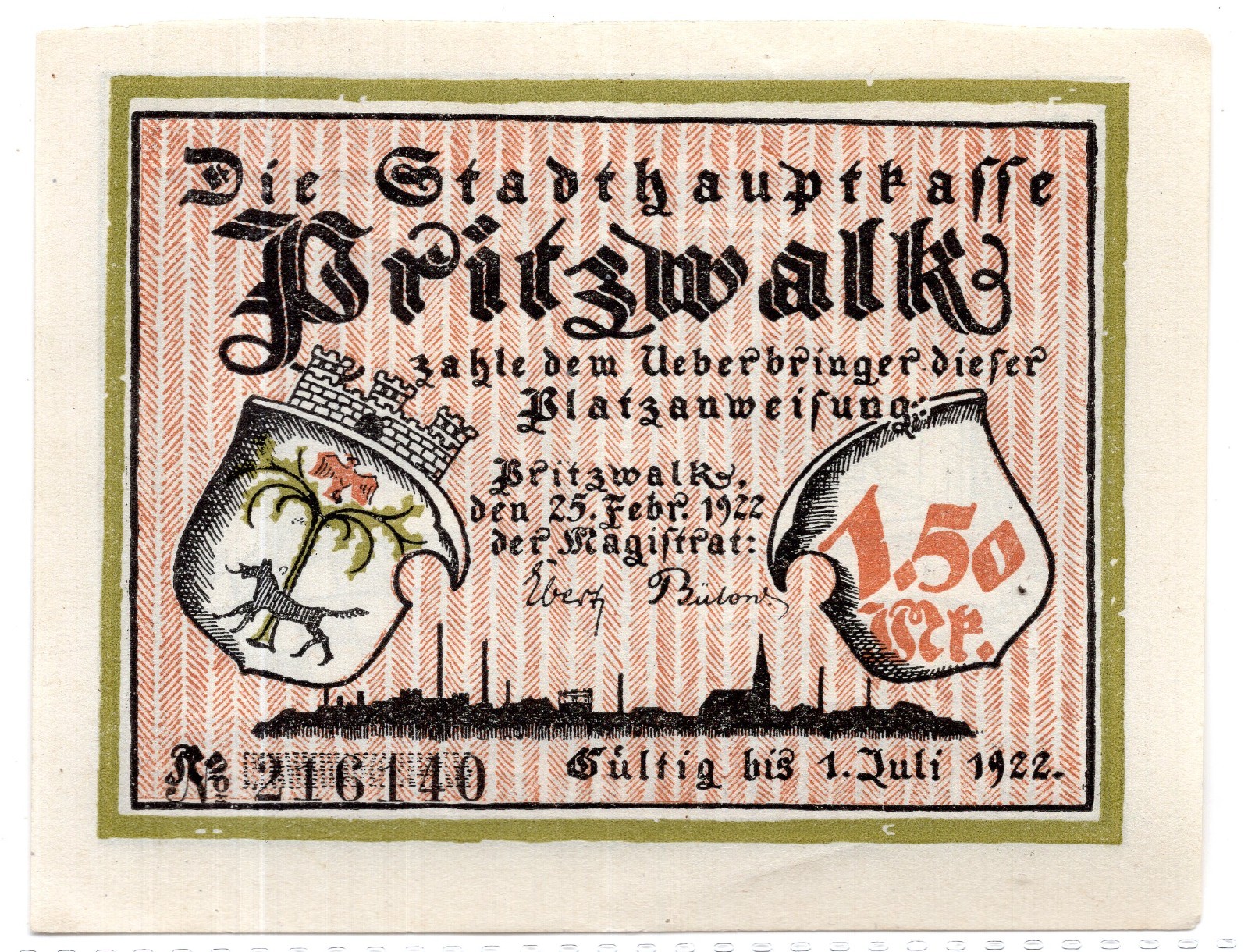 1922 Germany Pritzwalk Notgeld 1.50 Mark Note (NG540)
