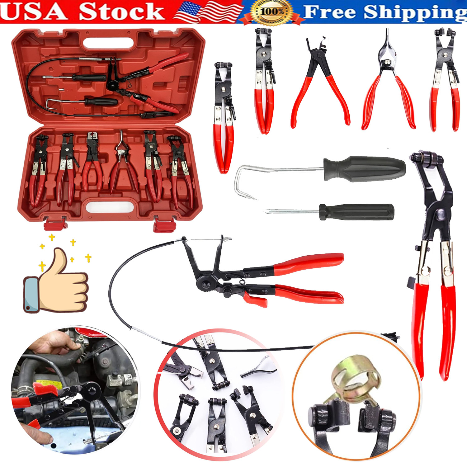 10Pc Hose Clamp Clip Remover Pliers Wire Long Reach Kit Fuel Oil Water Hose Tool