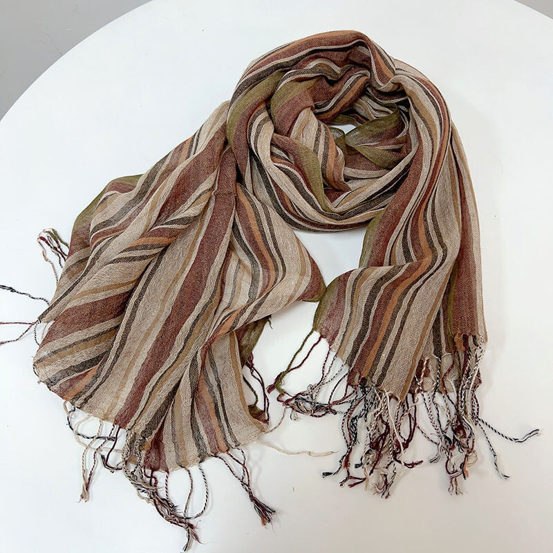 Unisex Mens Khaki Striped Flax Linen Cotton Scarf Casual Neckerchief Shawl Stole