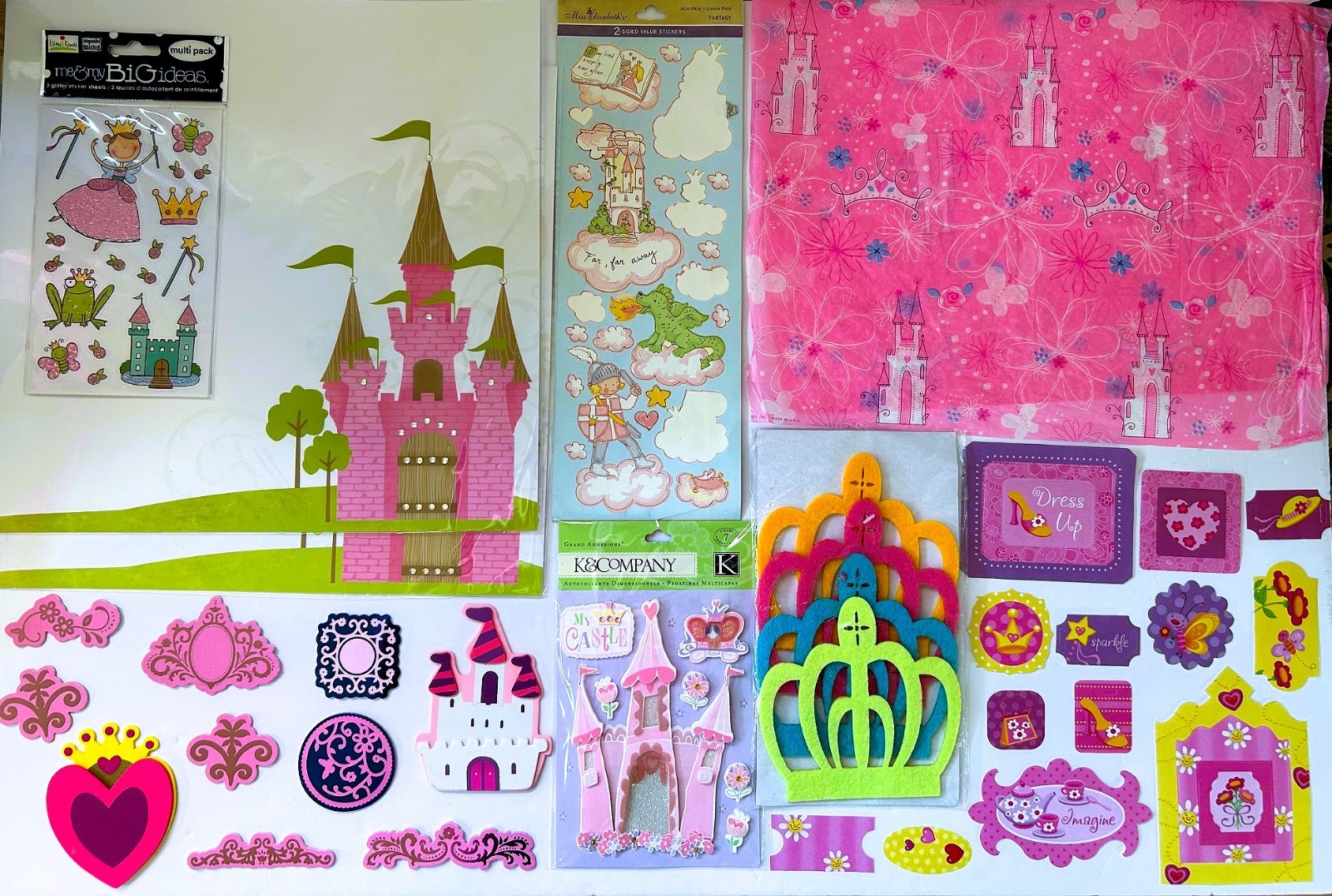 LOT OF 120 PCS PRINCESS CASTLES CROWNS SCRAPBOOK PAPERS STICKERS EMBELLISHMENTS