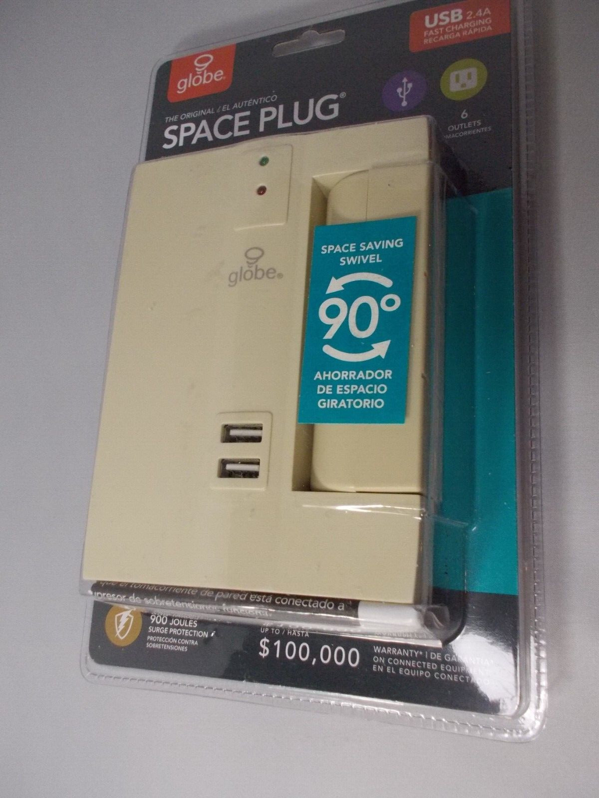 NOS Globe Space Plug 900 Joules 6 Outlets 2 USB fast Ports Sealed Free S&H