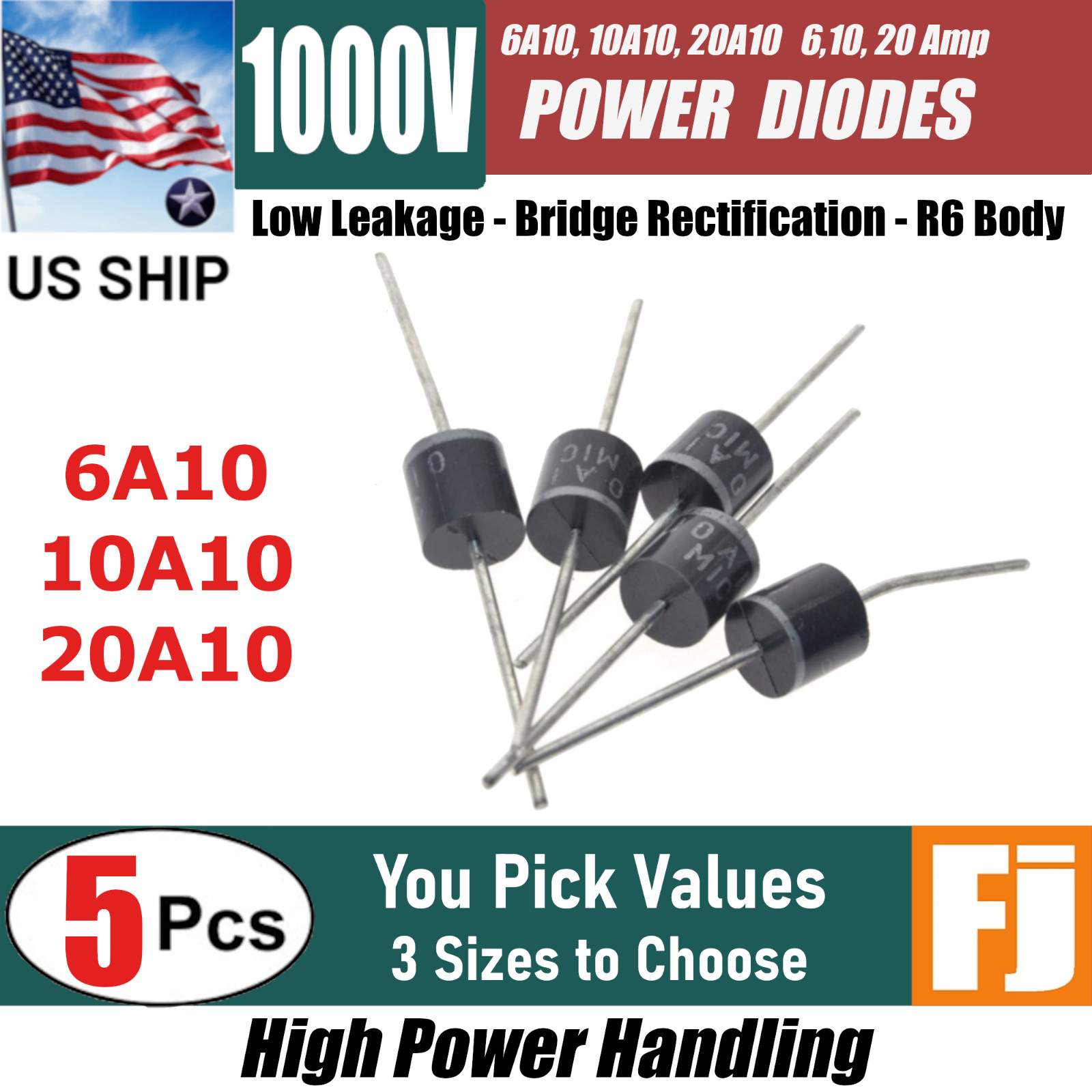 5x 6A10, 10A10, 20A10 | 1000V 1KV Axial Rectifier Diode Solar or GP | US Ship
