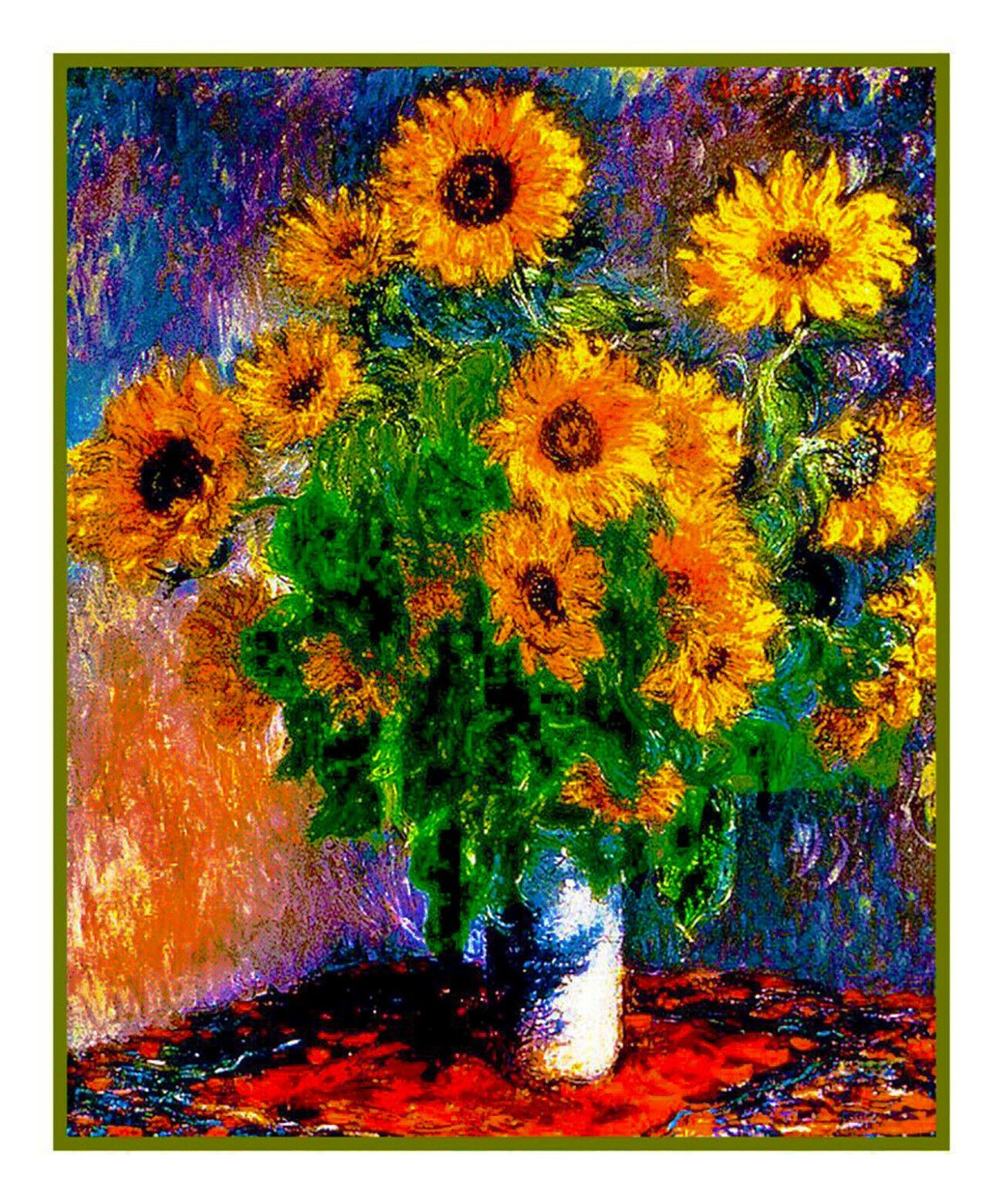 Impressionist Monet's Vase of Sunflowers Counted Cross Stitch Chart Pattern