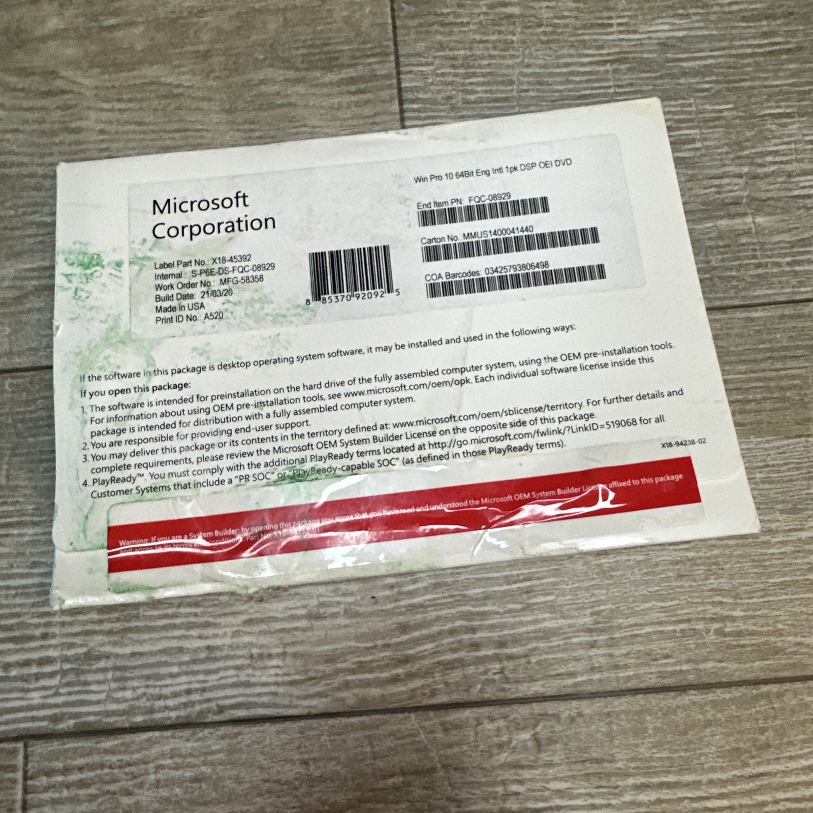 Microsoft Windows 10 pro 64 bit DVD and KEY