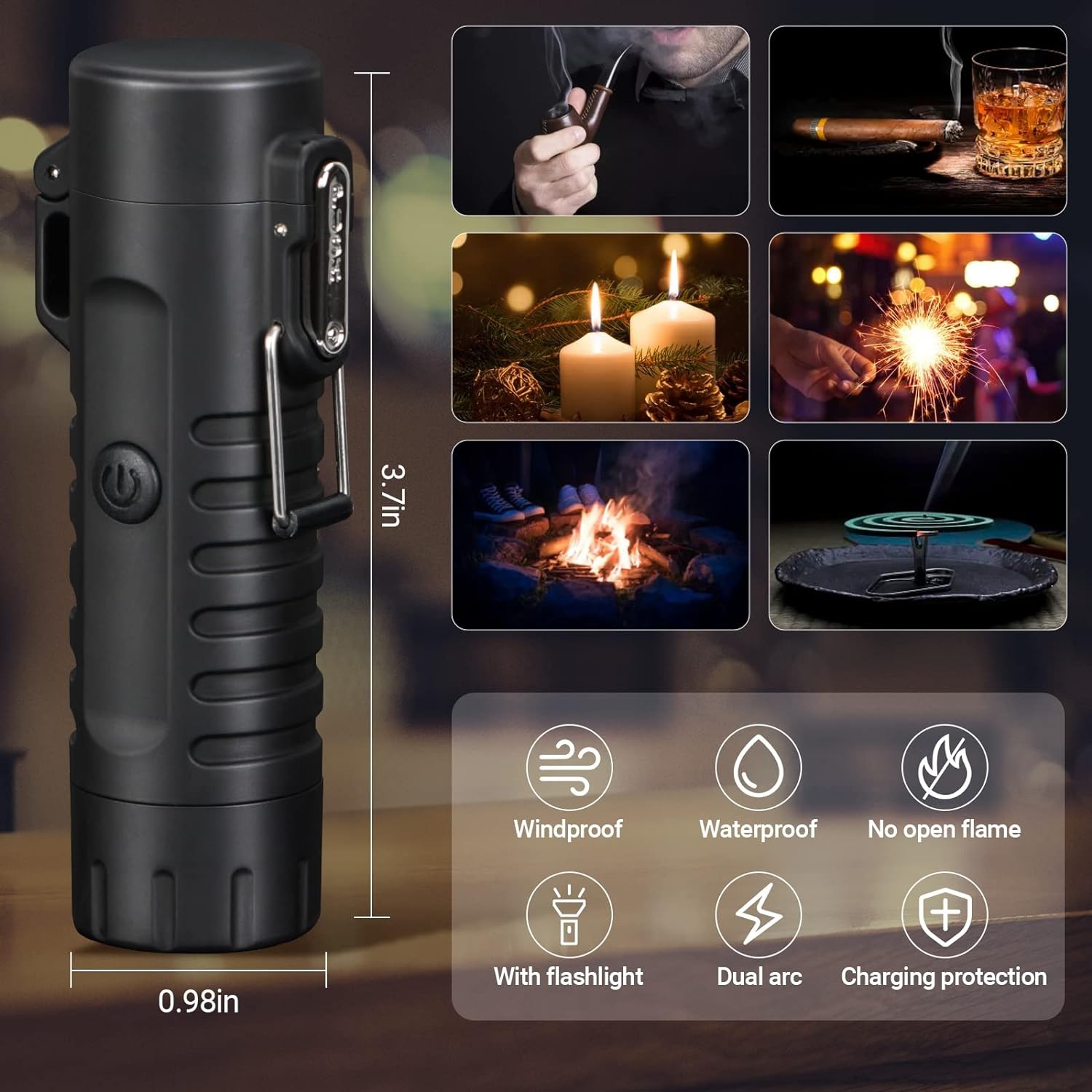 Scotte Plasma Windproof arc Lighter Electric and LED Flashlight Black