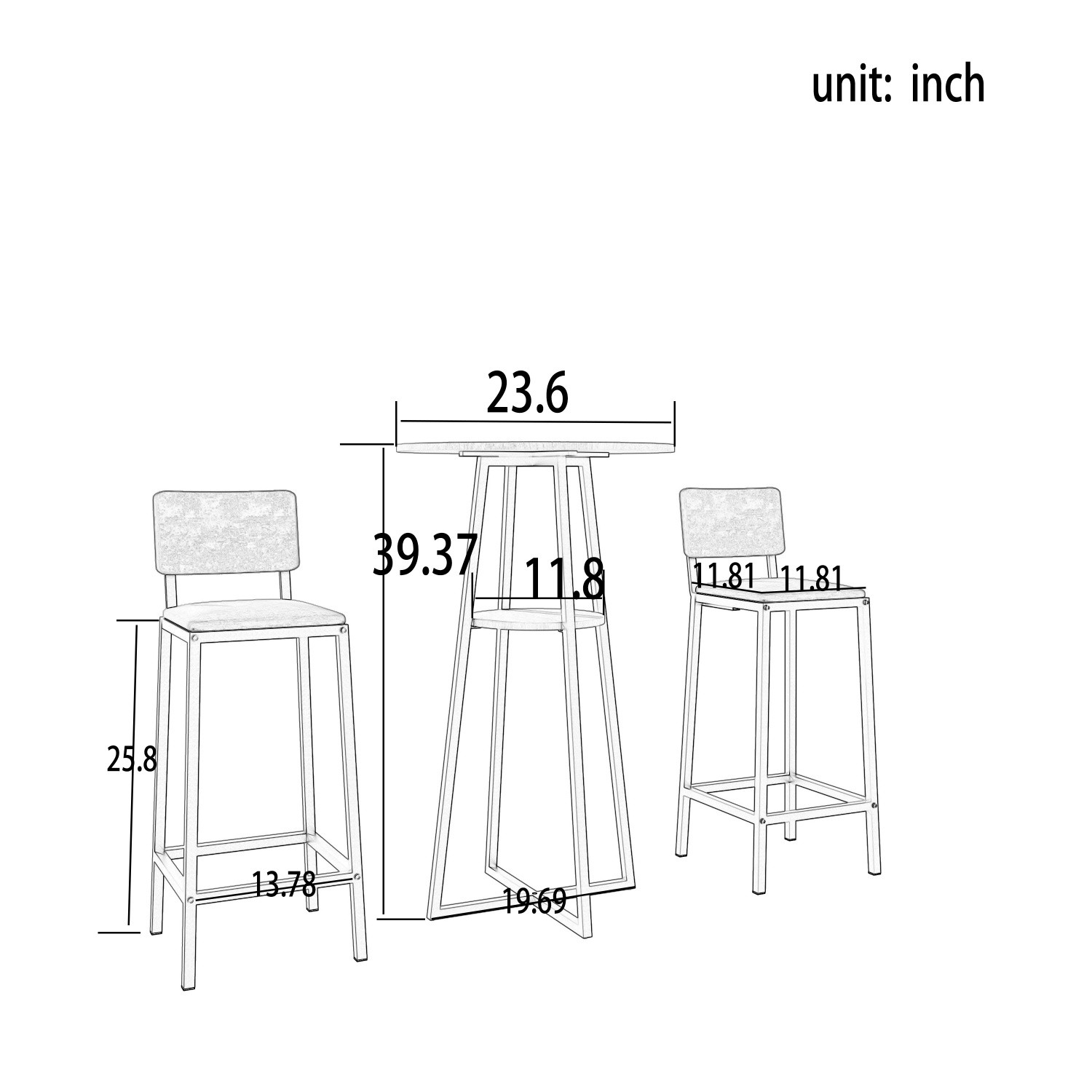 3 Piece Bar Table Set Counter Height Kitchen Round Dining Table w/ 2 Bar Chairs