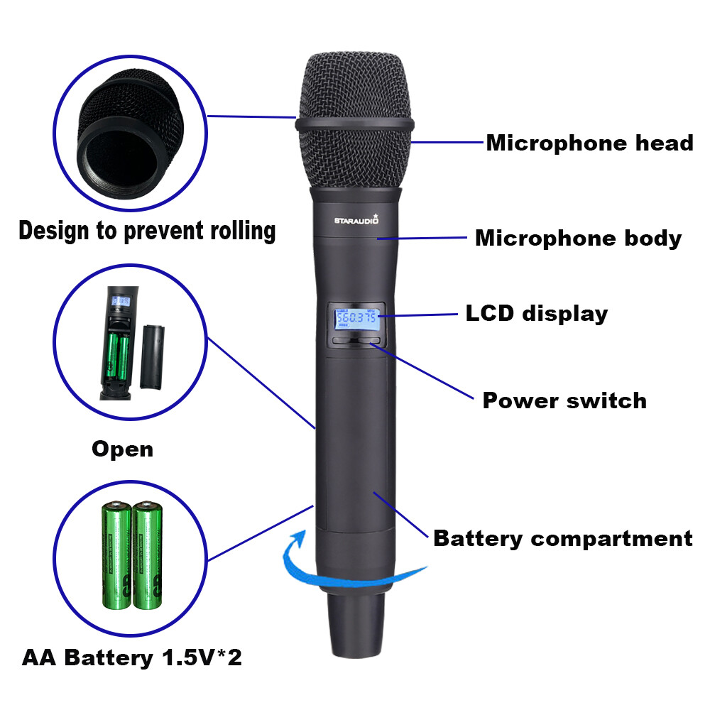 2 Channel Dynamic Handheld Microphone Wireless UHF Microphones System Metal Mic