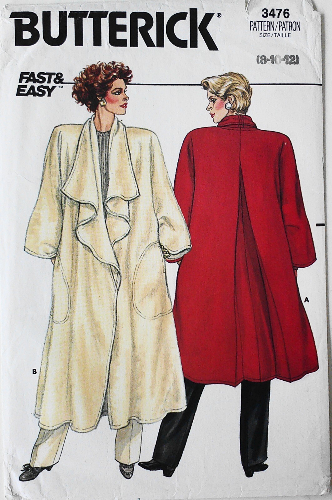 Butterick 3476 Misses Fast & Easy Coats Sewing Pattern Sz 8-10-12