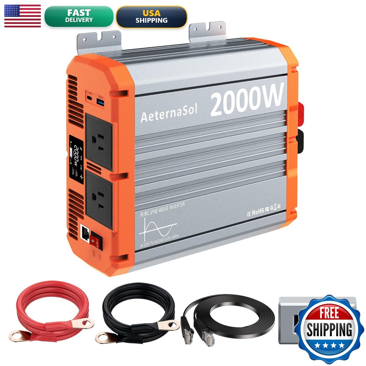 2000W Pure Sine Wave Inverter 12V to 110V/120V AC RV Remote 2 AC Outlets USB-C