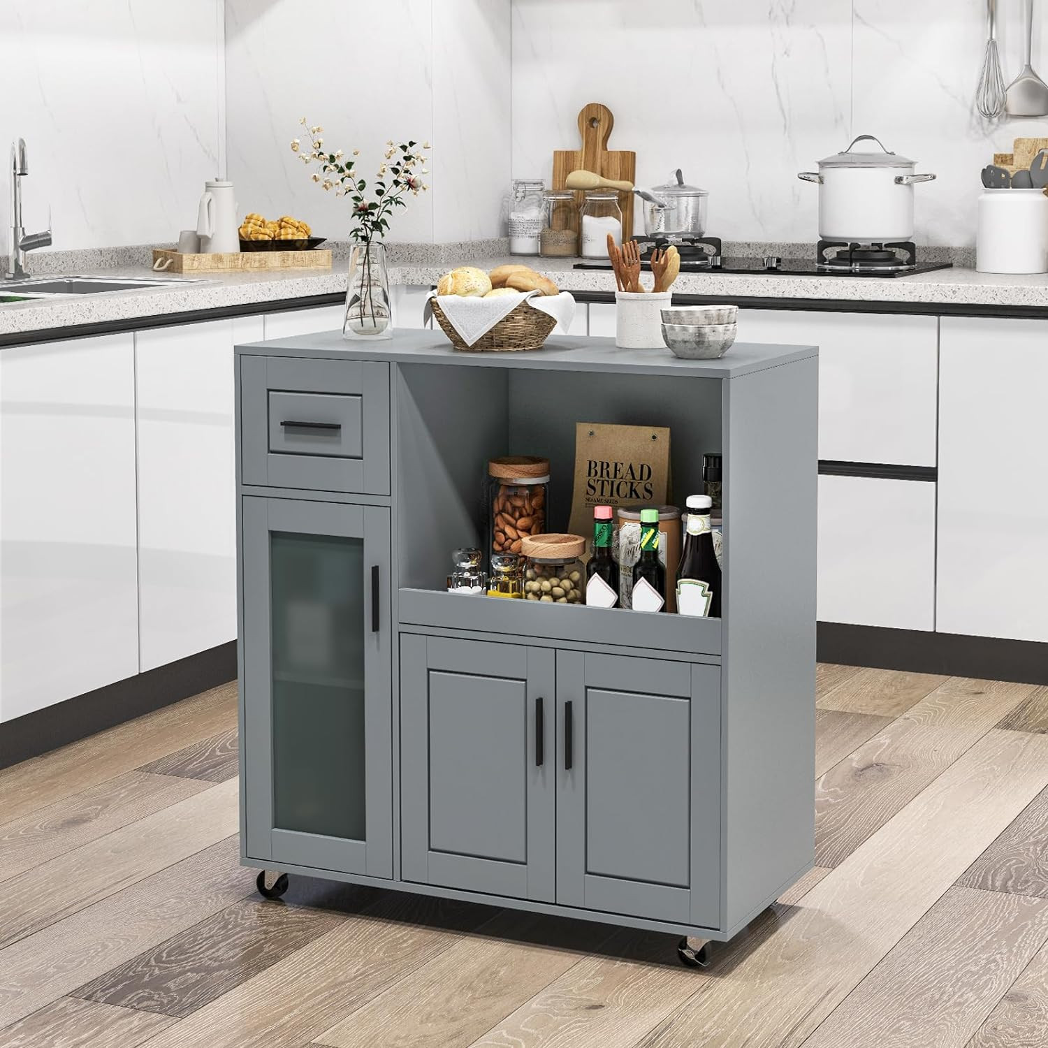 Rolling Kitchen Island Cart with Storage & Adjustable Shelf, Grey