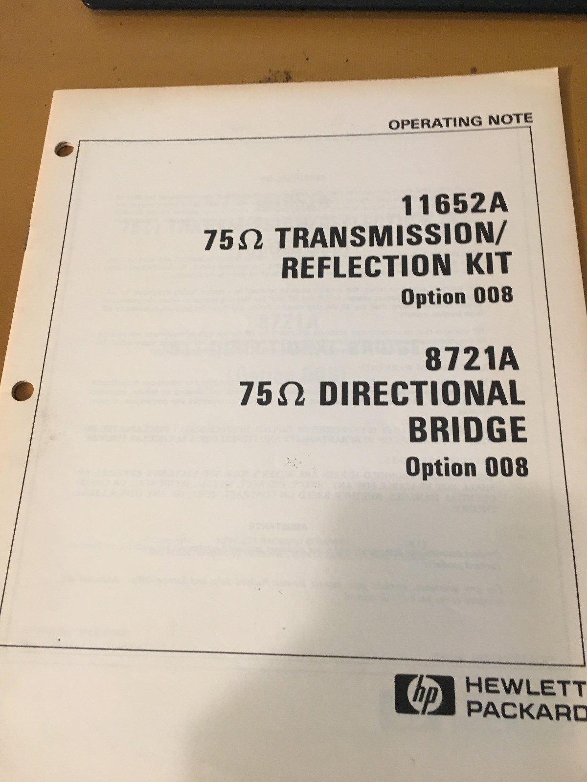 Hewlett Packard 11652A & 8721A Operation Note Manual