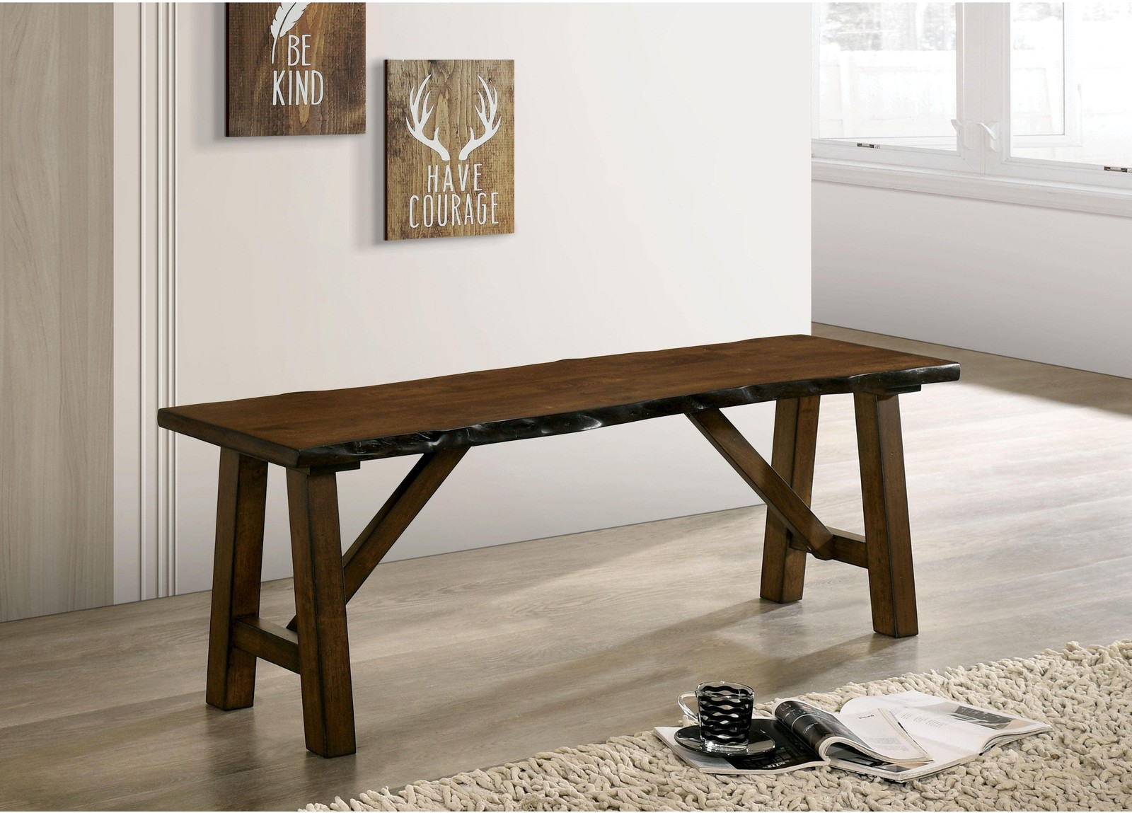 Rustic Walnut Finish 1pc Bench Only Live Edge Design Distressed Wood Seat Dini