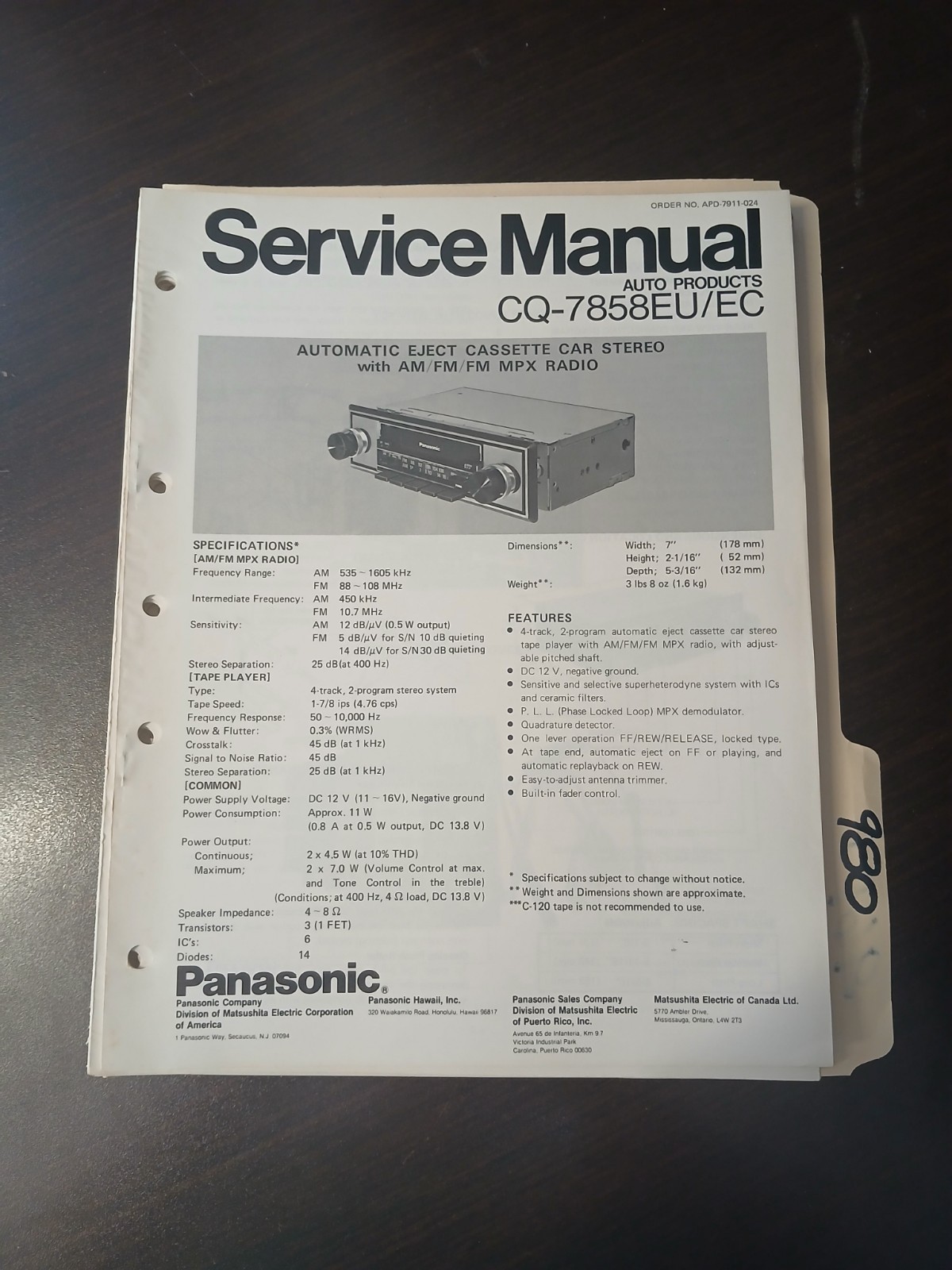 Panasonic CQ-7858EU/EC  Service Manual Original Repair Book Car Stereo