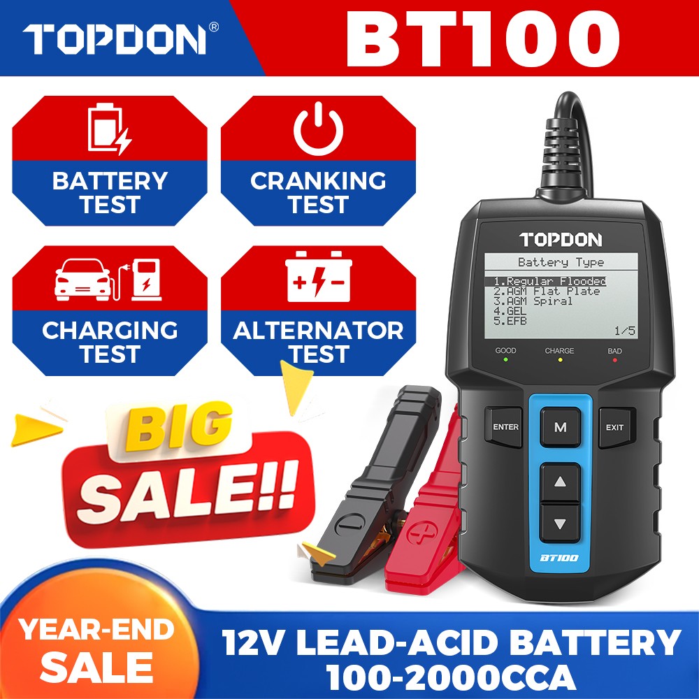 🔥2026 TOPDON BT100 Car Battery Tester 12V Load Tester Charging System Analyzer