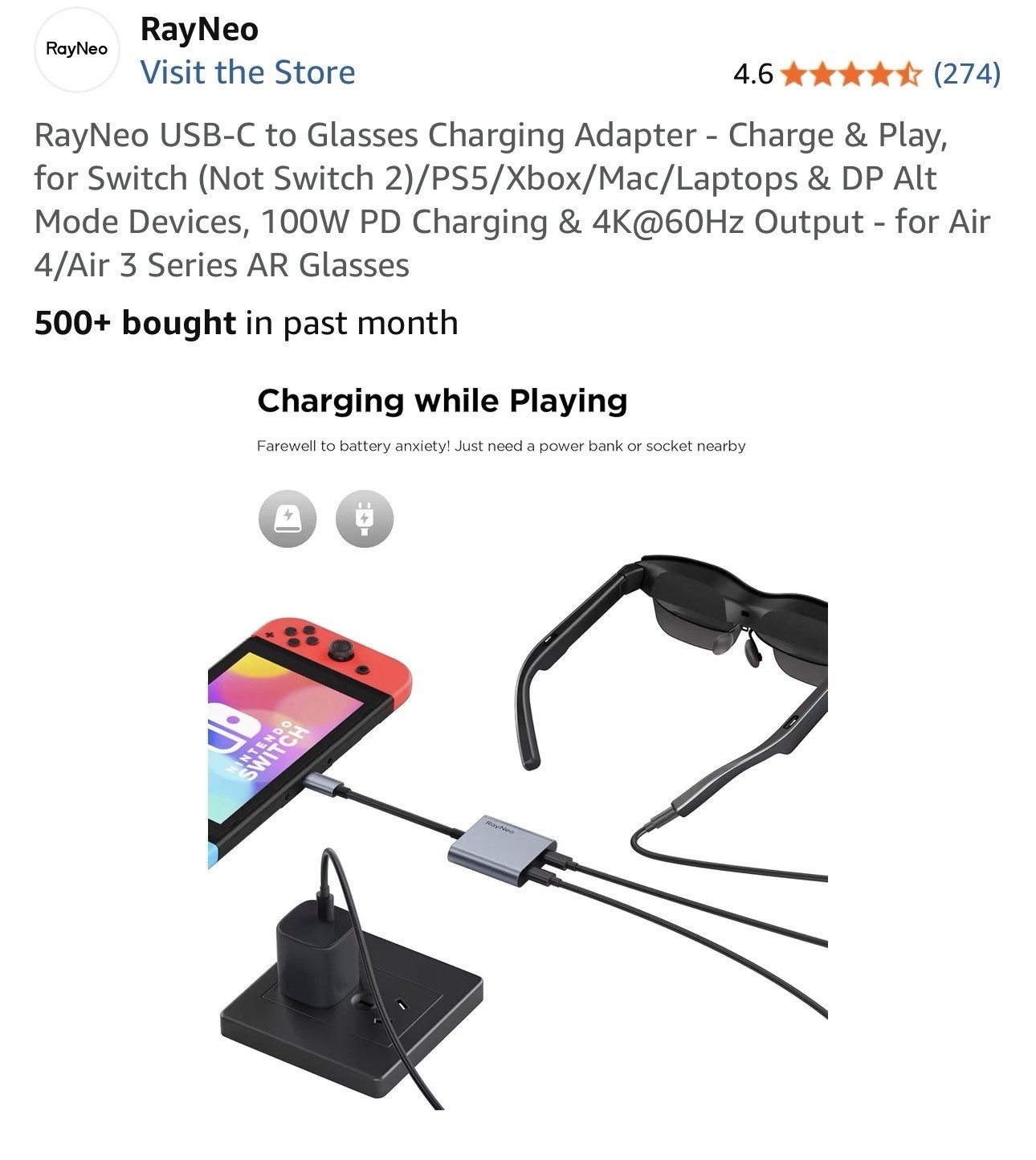 RayNeo USB-C to Glasses Charging Adapter - Charge & Play, for Switch