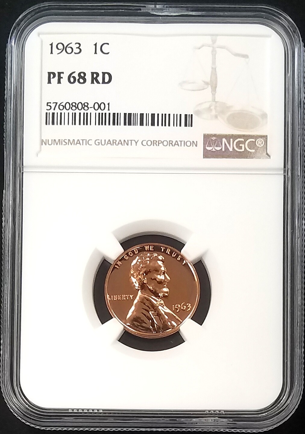 1963 Proof Lincoln Cent certified PF 68 RD by NGC!