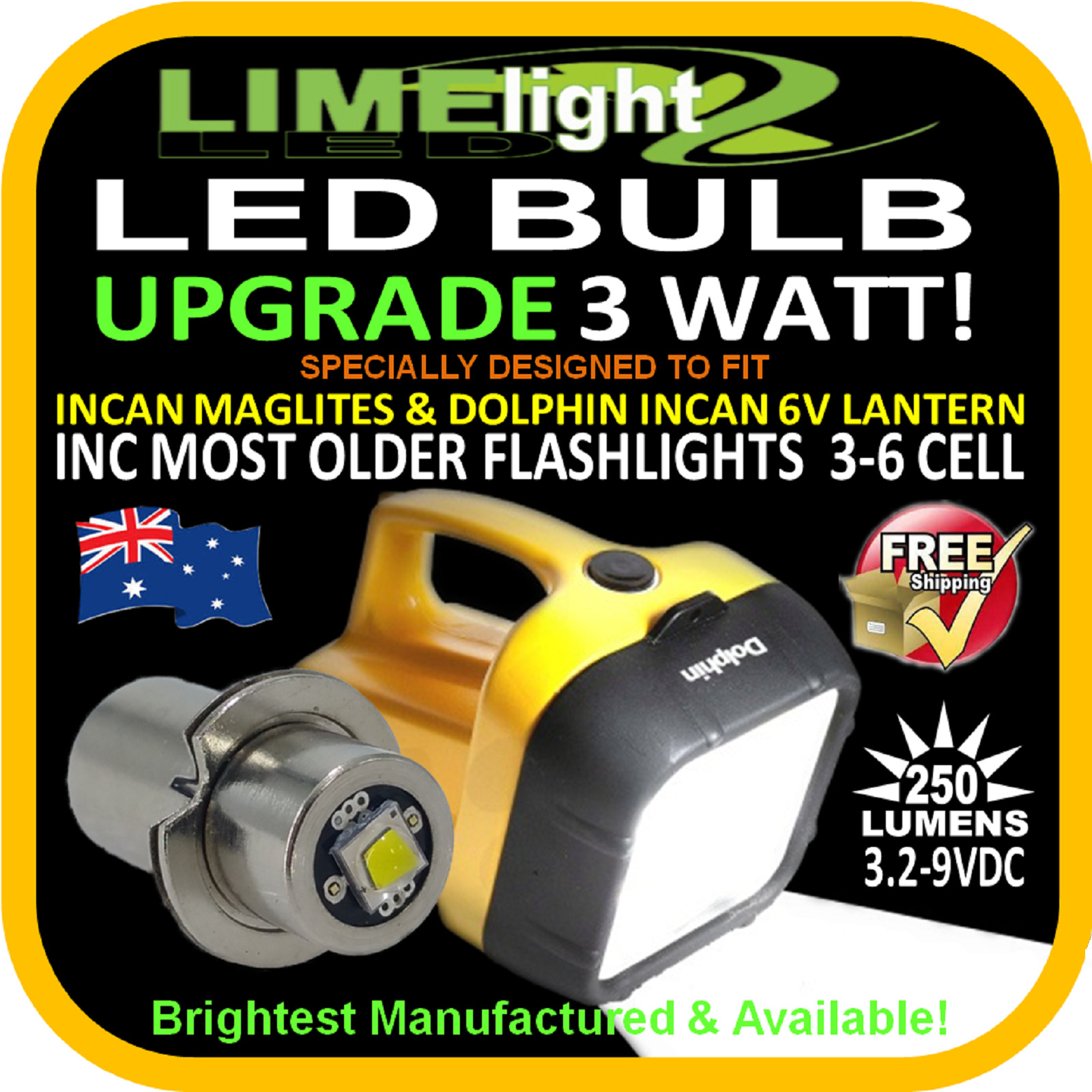 LED UPGRADE DOLPHIN MAGLITE 3.2-9V 3W BULB GLOBE FLASHLIGHT TORCH LANTERN 250lm