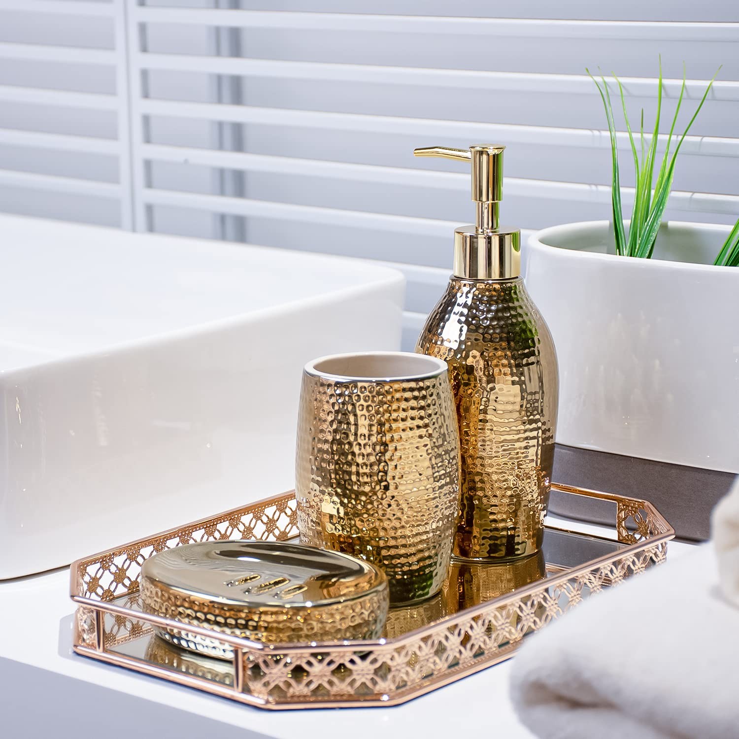 Gold Bathroom Accessory Set - 3 Piece Decorative Ceramic Bathroom Accessories S