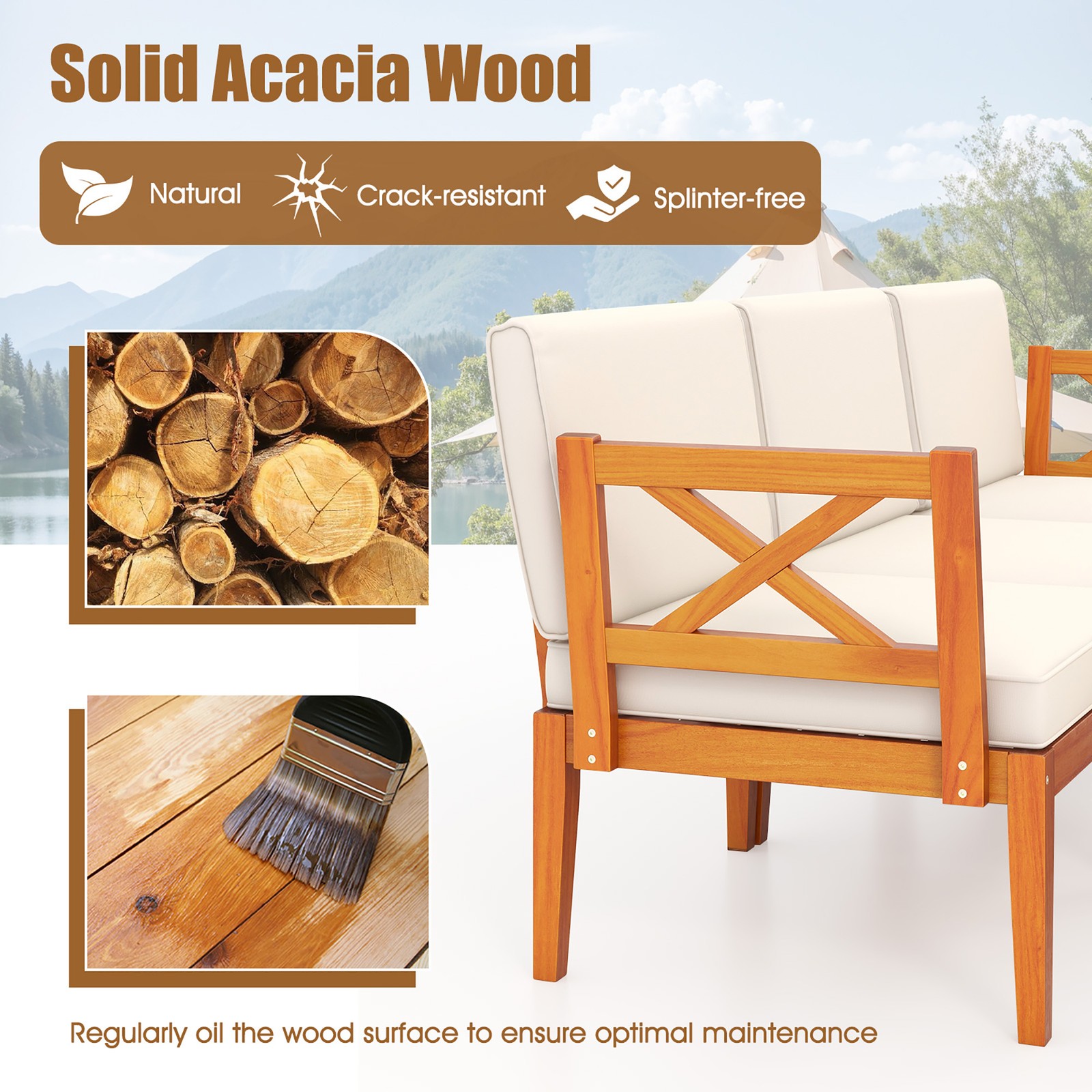5 PCS Acacia Wood Patio Chaise Lounge Chair Set w/ 2-Tier Coffee Table Cushions