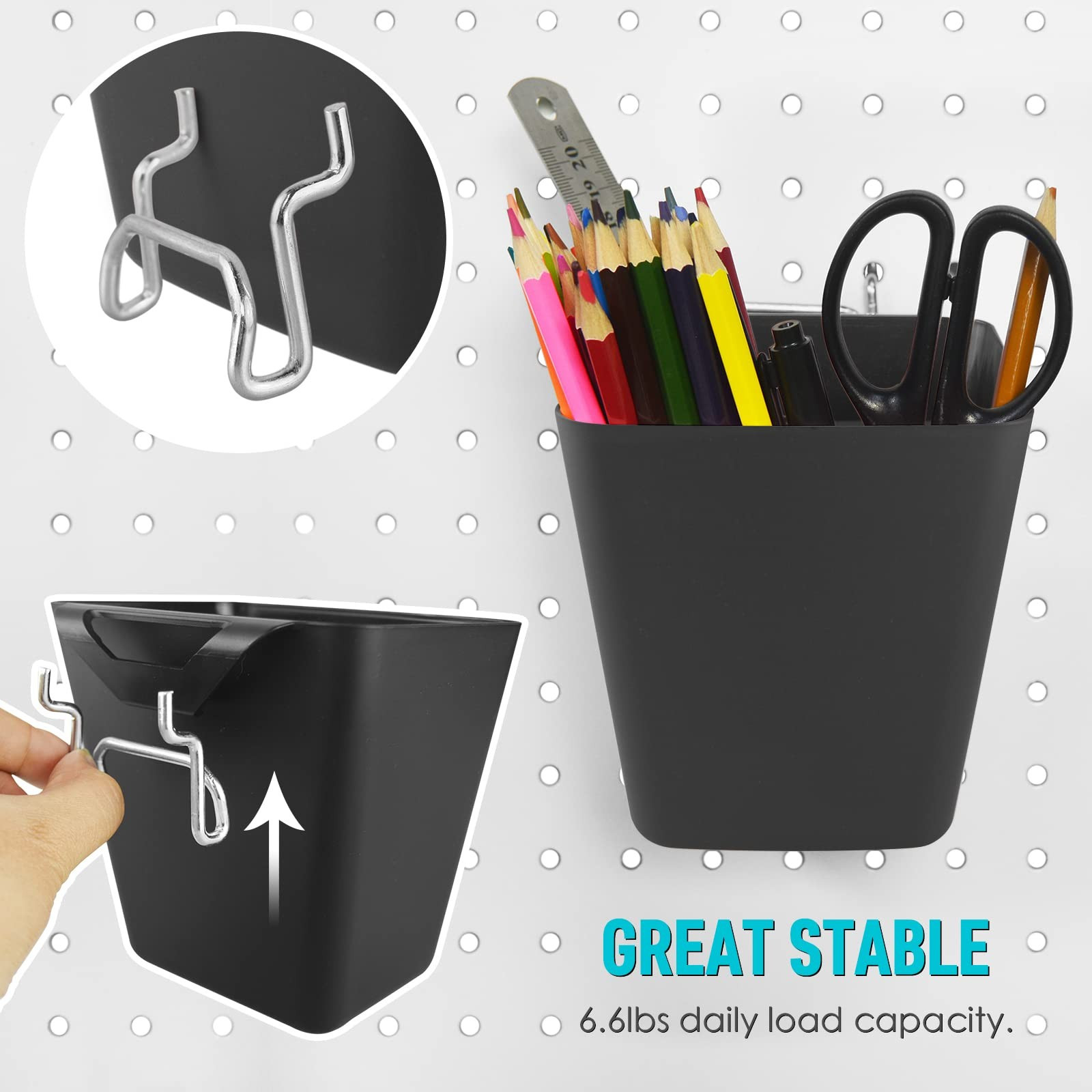 Large Pegboard Cups Peg Board Storage Bin 6 Pack with Hooks, Square Box Shape...