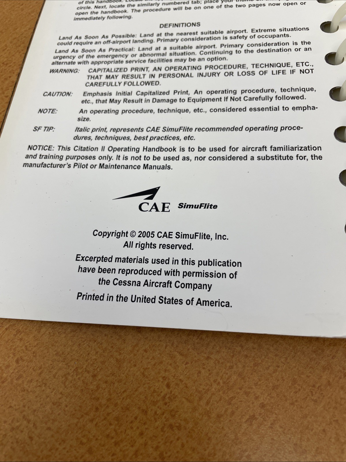 CAE SimuFlite Citation II Operating Handbook Pilot Manual Training Guide