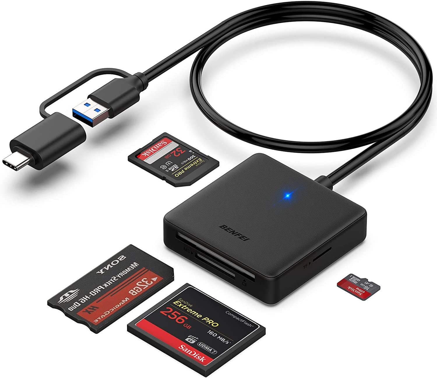 Memory Card Reader, BENFEI 4In1 USB 3.0 and USB-C to SD Micro SD MS CF Card Read