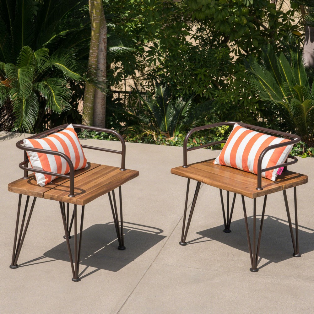 Rustic Acacia Wood Side Table with Iron Legs, Outdoor Patio Backyard