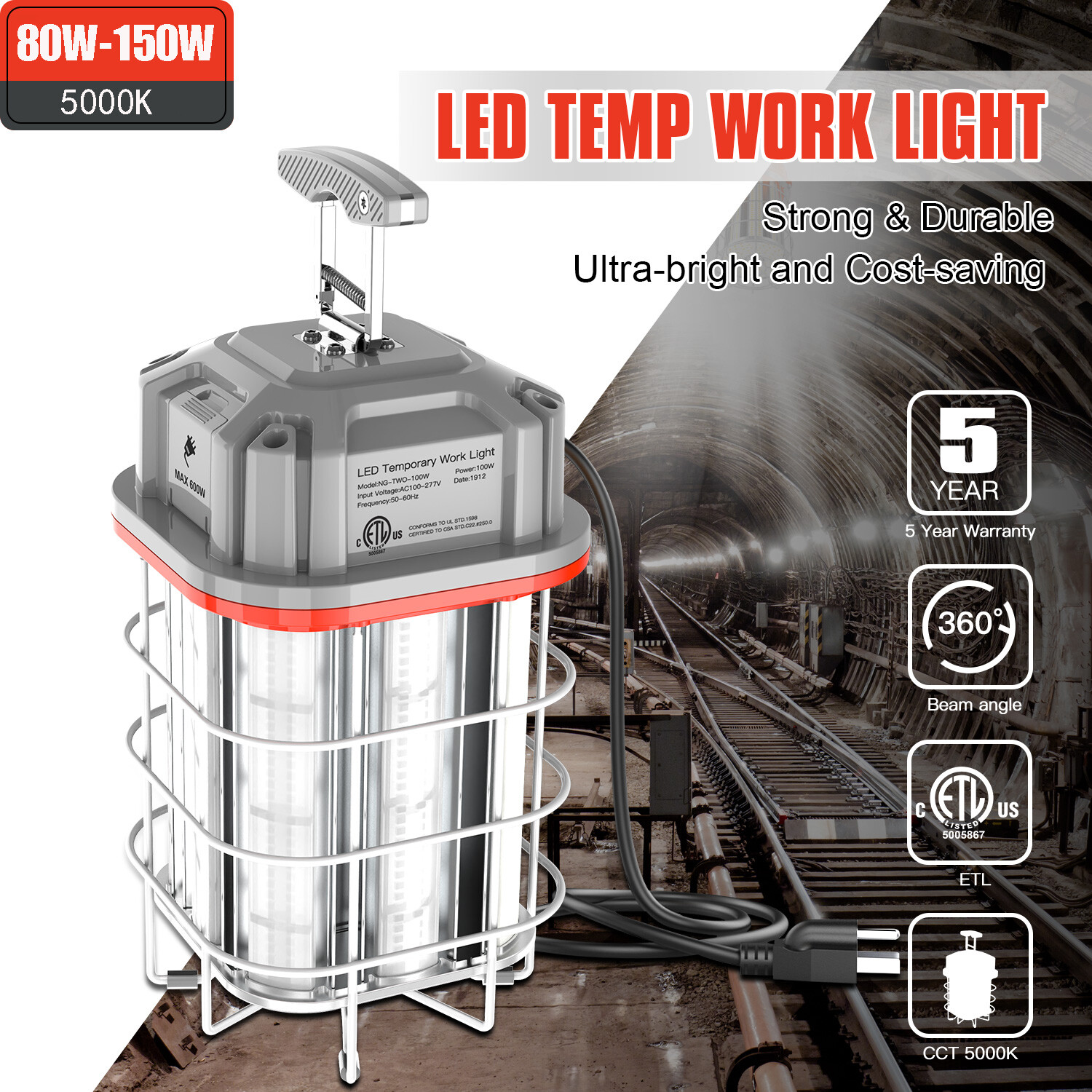 80W 100W 125W 150W LED Temporary Work Light Linkable Construction Lights 5000K