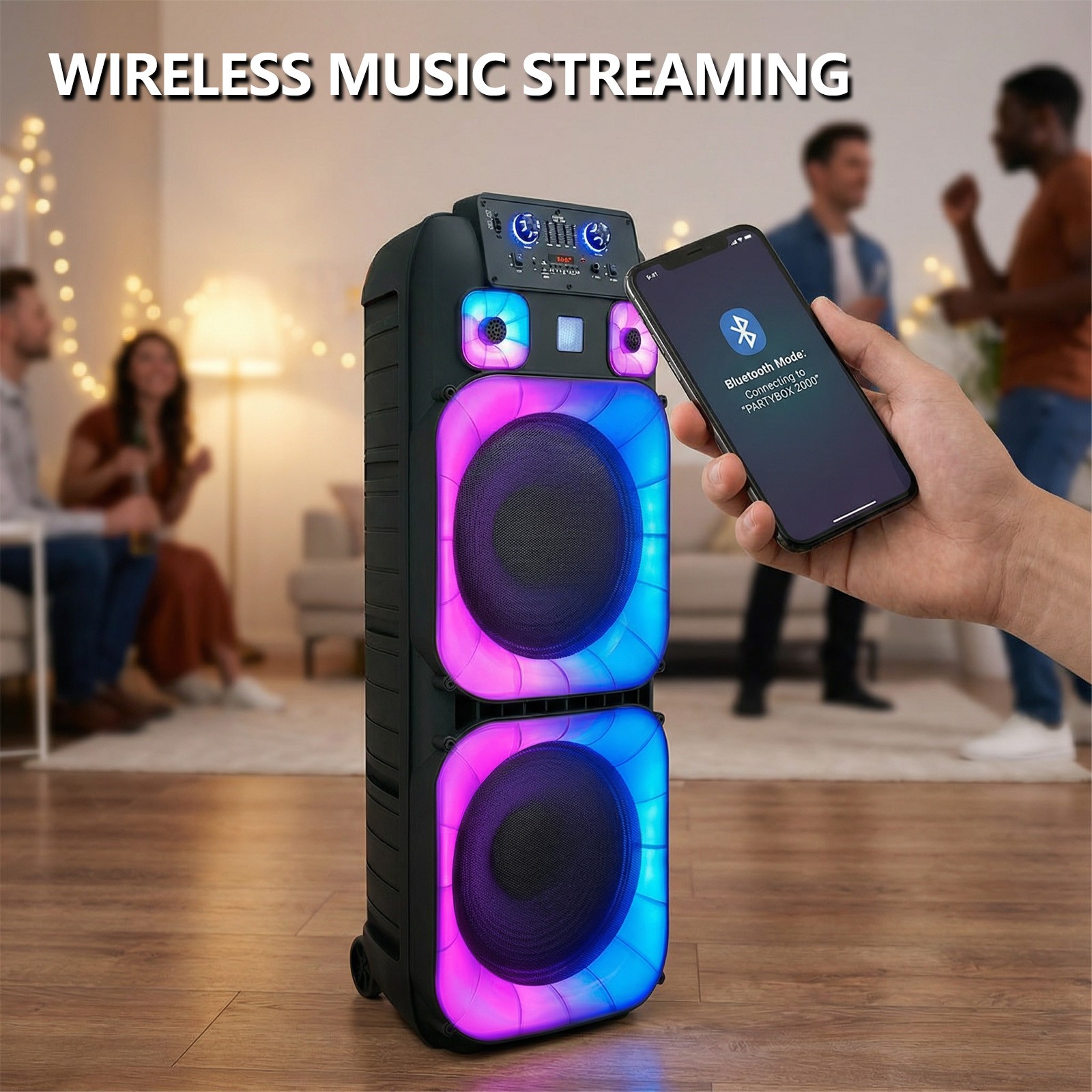 Dual 15" Massive Speaker Wireless Mic TWS PA System Party Speaker LED Lights USB