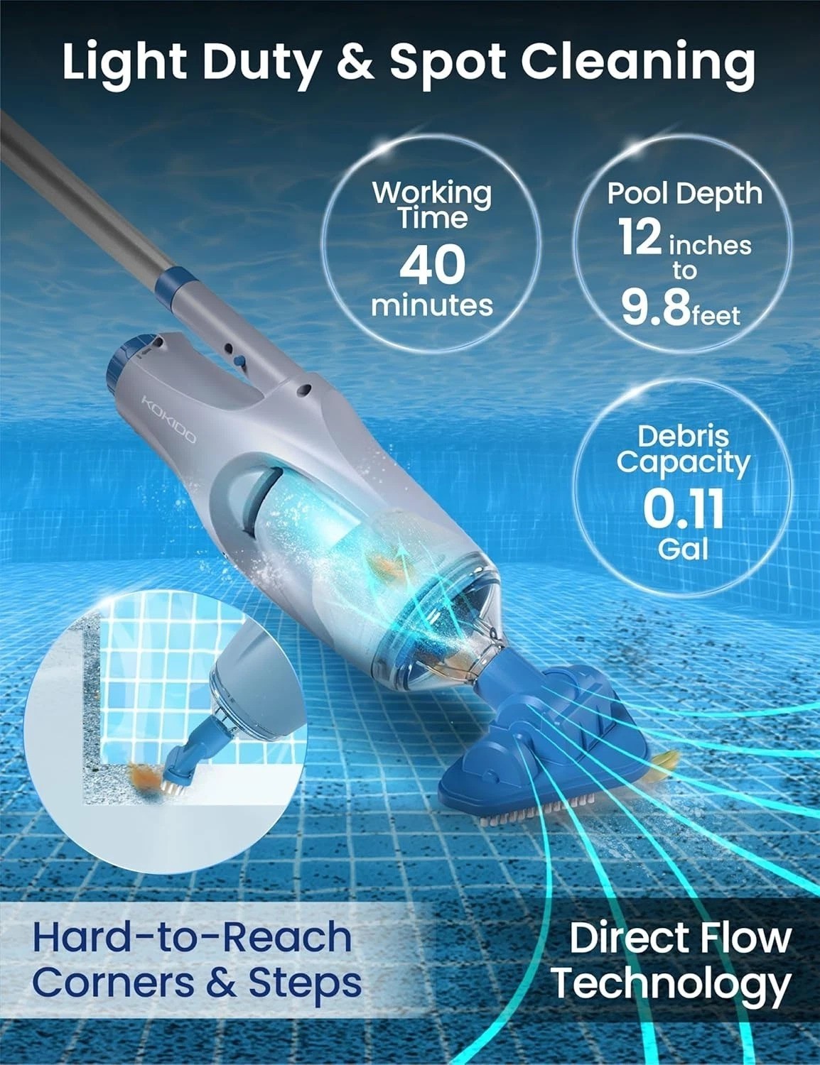 Portable Pool Vacuum for Above Ground Pools, 60min Runtime