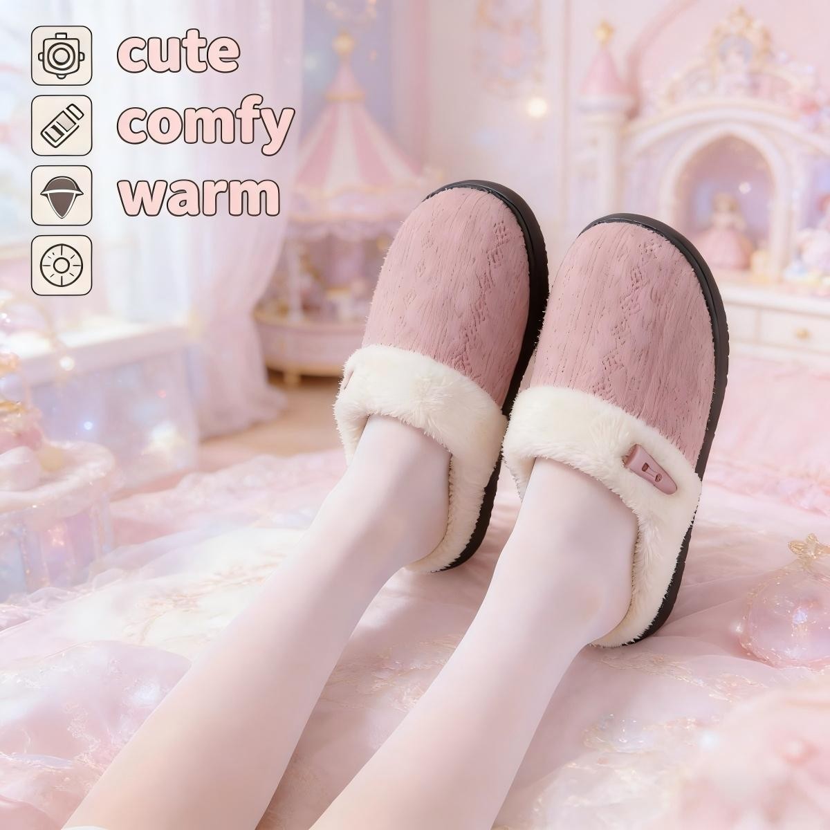 Women's Cozy Plush Slippers, Fleece-Lined Warm Cotton Non-Slip Indoor Home Shoes