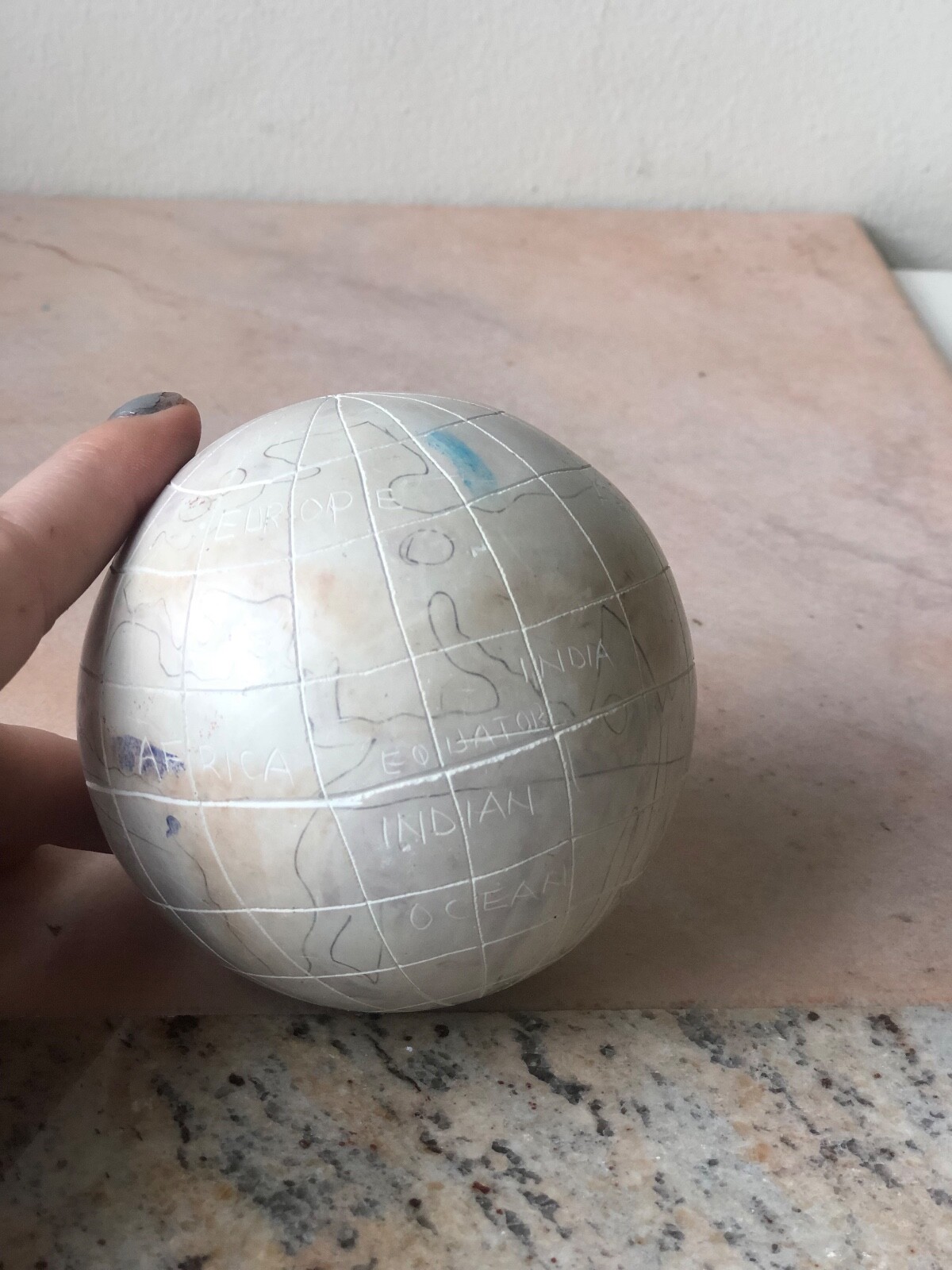 Unique Vintage Carved and Handpainted Stone Globe / World Map
