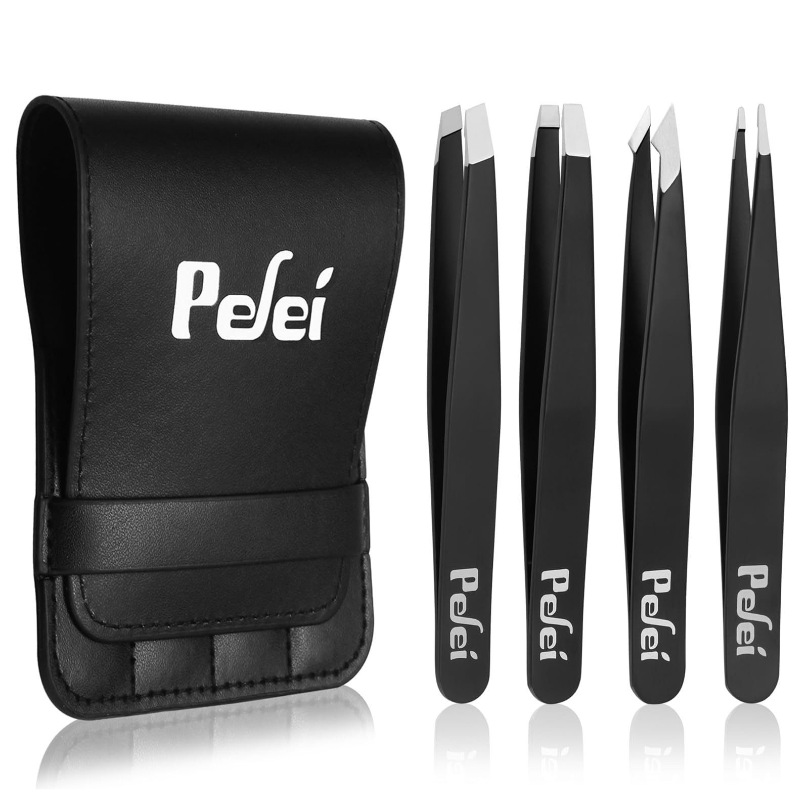 Pefei Tweezers Set - Professional Stainless Steel 4 Piece set, Black