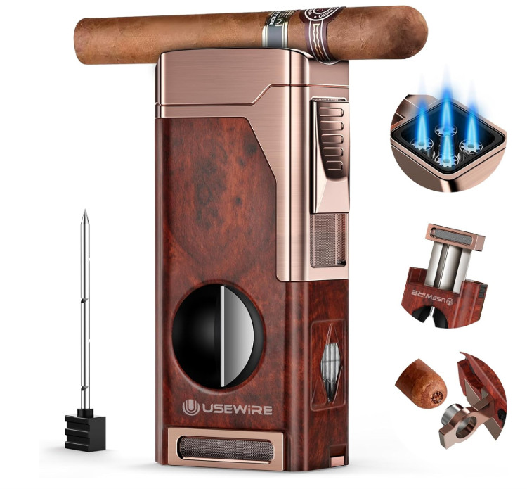 Multifunctional Cigar Lighter with Cutter, Holder, Punch, and Draw Enhancer