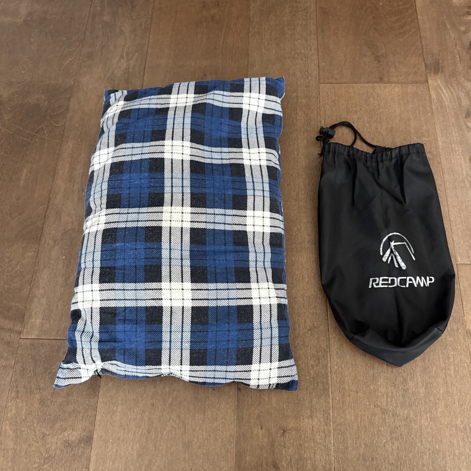 Red Camp Camp Pillow Blue Plaid Drawstring Black Bag