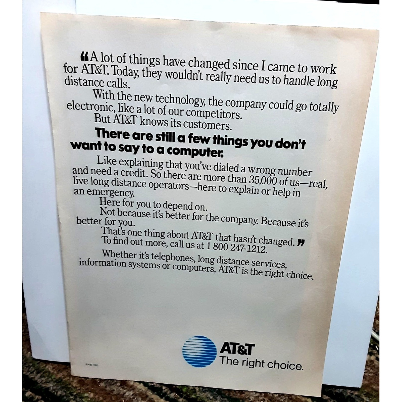 1985 AT&T The Right Choice Long Distance Calls Original Print Ad