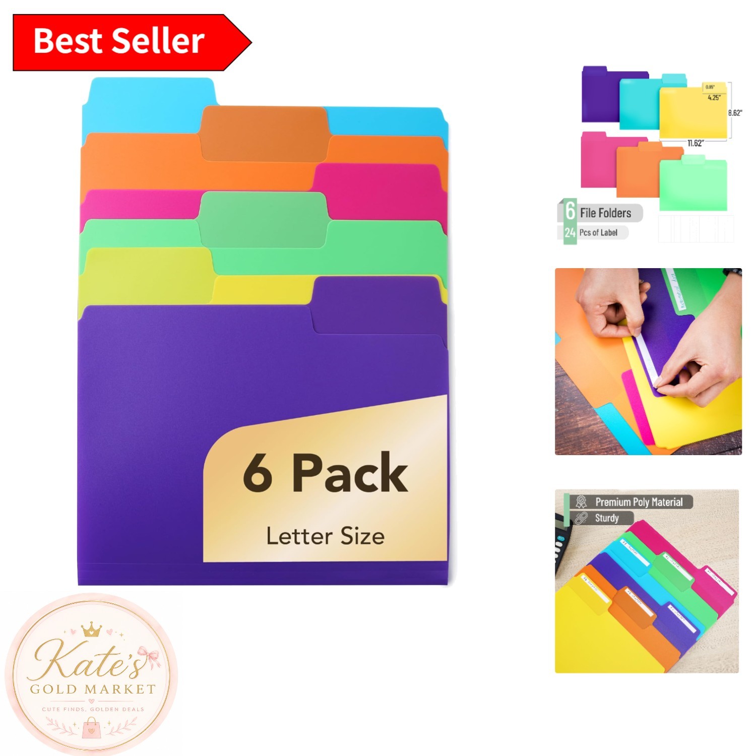 11.62-Inch Letter Size File Folders: 6 Pack, Water Resistant, Bright Colors