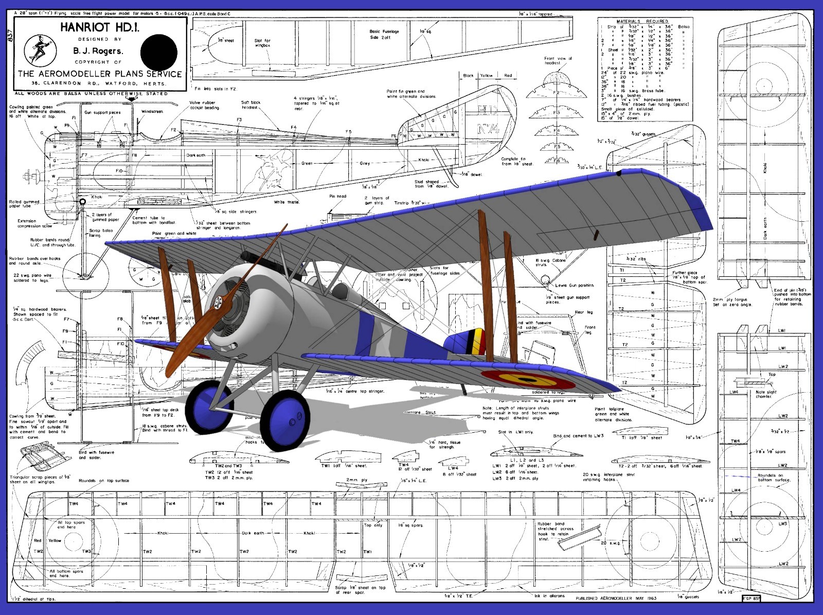 Model Airplane Plans (FF): Hanriot HD.1 28"ws /12 Scale for .049 (.5 - .8cc)