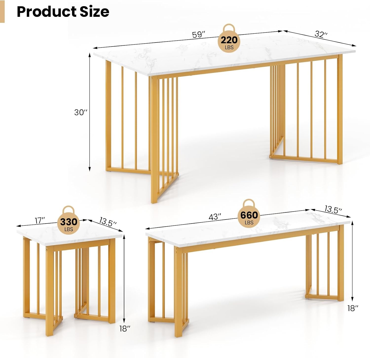 4-Piece Dining Table Set 4 Kitchen Table Chairs Set W/ Bench & 2 Stools