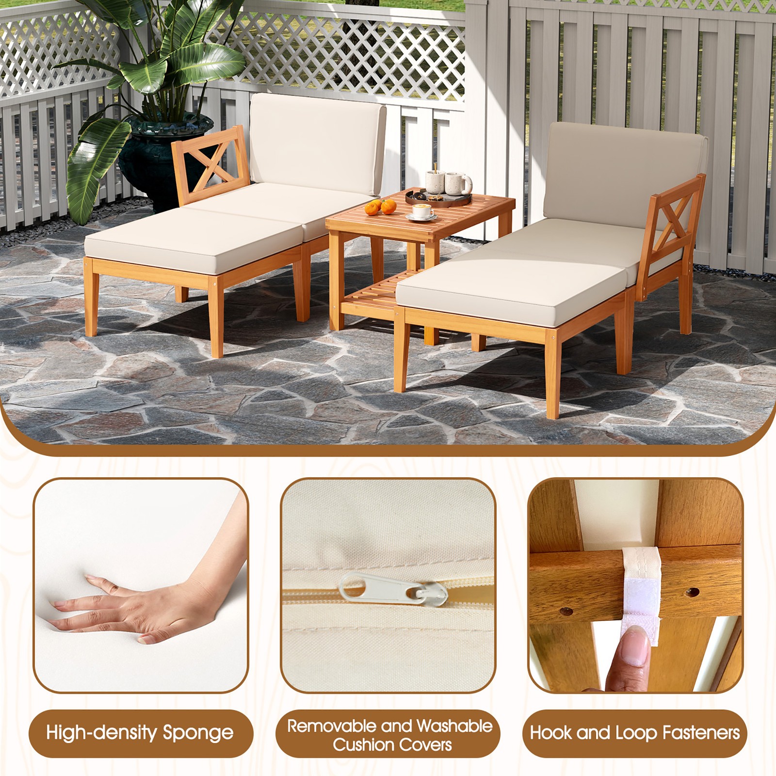 5 PCS Acacia Wood Patio Chaise Lounge Chair Set w/ 2-Tier Coffee Table Cushions