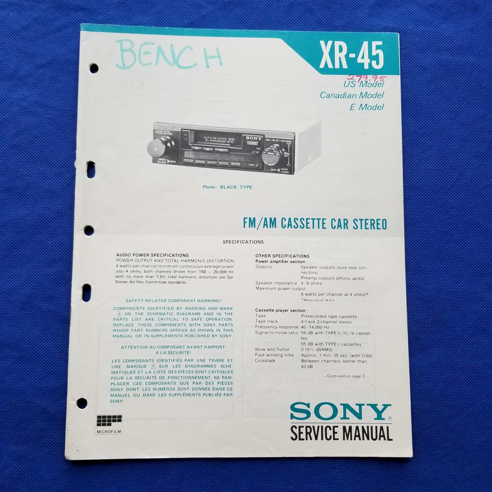 SONY XR-45 Service Manual Original Paper OEM Repair Guide - USA