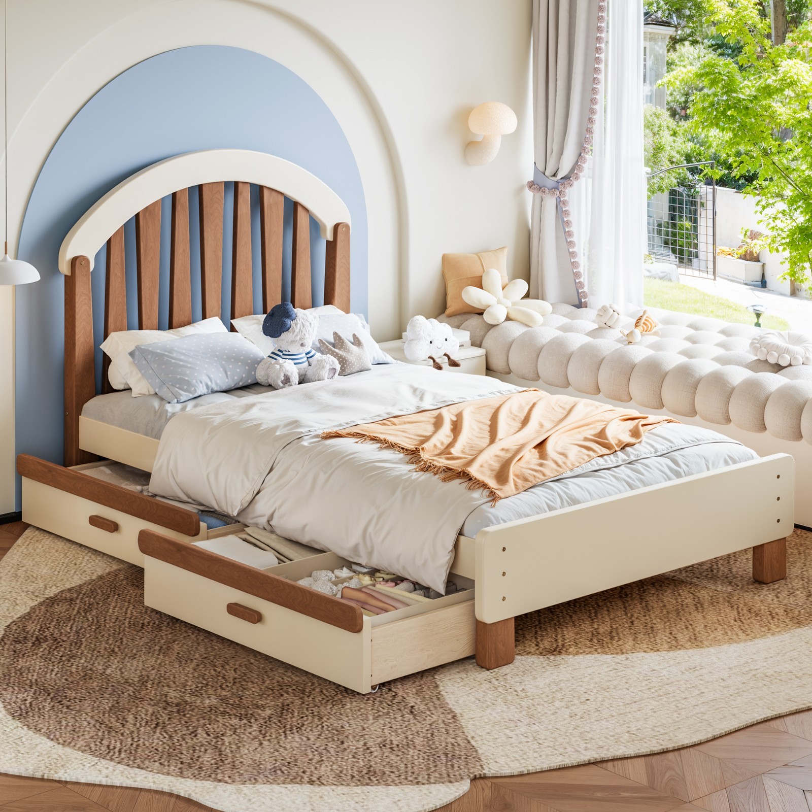 Twin Twin Size Platformbed Bed Frame with Storage Drawer and Round Headboard
