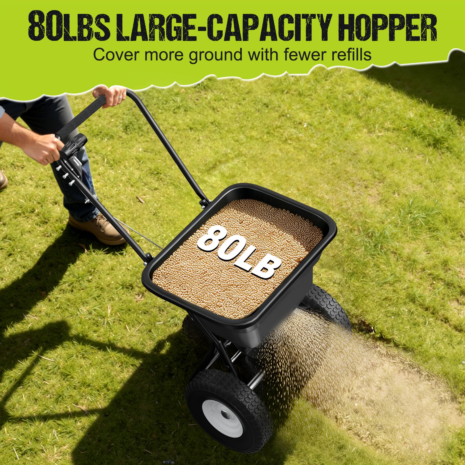 80LB Broadcast Spreader Push Lawn Seeder Fertilizer Ice Melt Spreader Adjustable